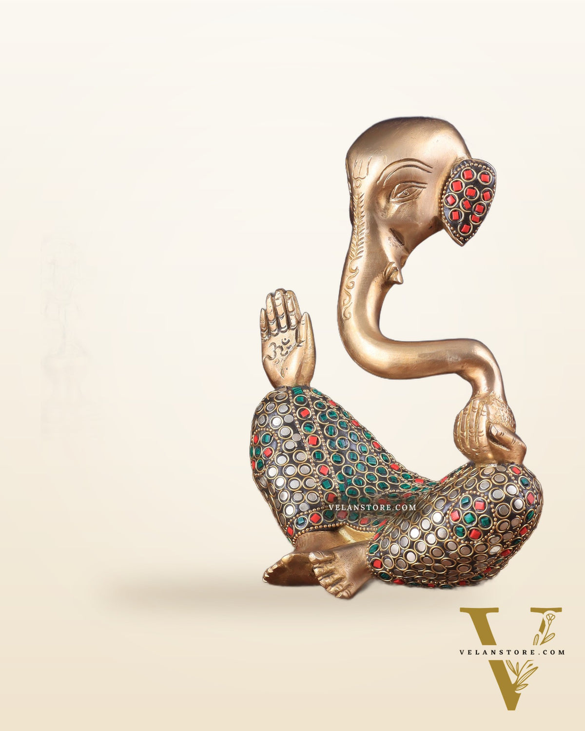 Ganesha Brass Idol Abstract with stonework 8.5 inch