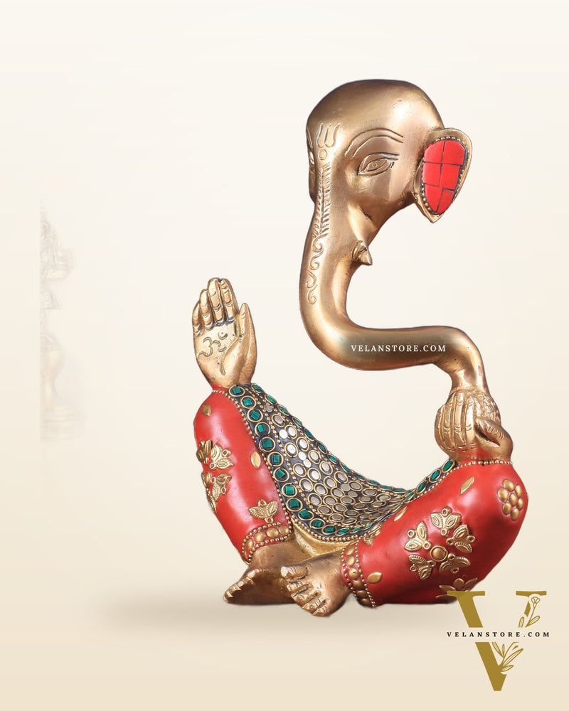 Ganesha Brass Idol Abstract with stonework 8.5 inch