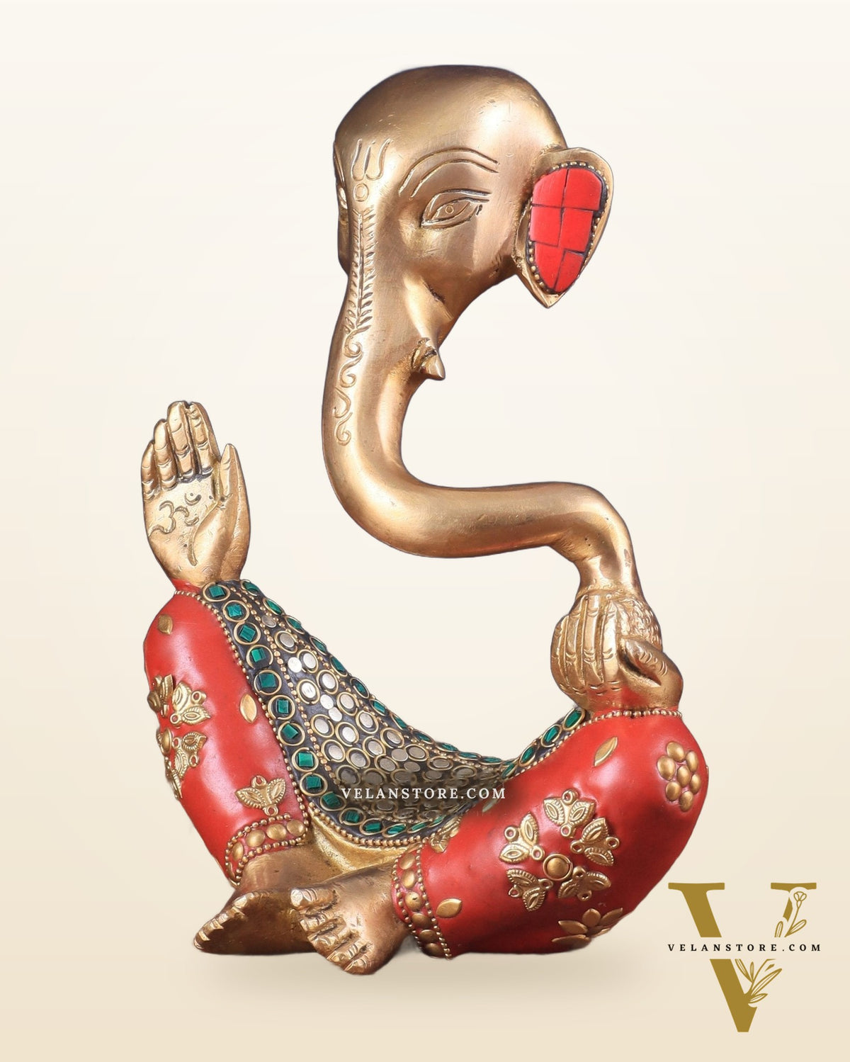 Ganesha Brass Idol Abstract with stonework 8.5 inch