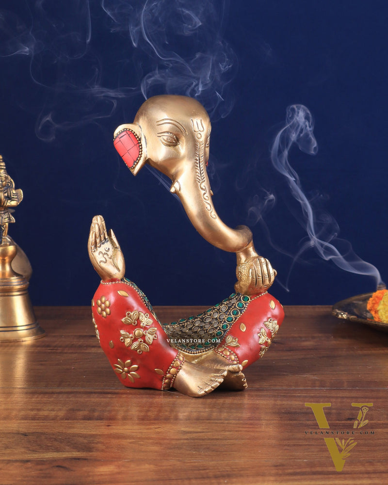 Ganesha Brass Idol Abstract with stonework 8.5 inch
