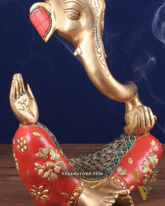 Ganesha Brass Idol Abstract with stonework 8.5 inch
