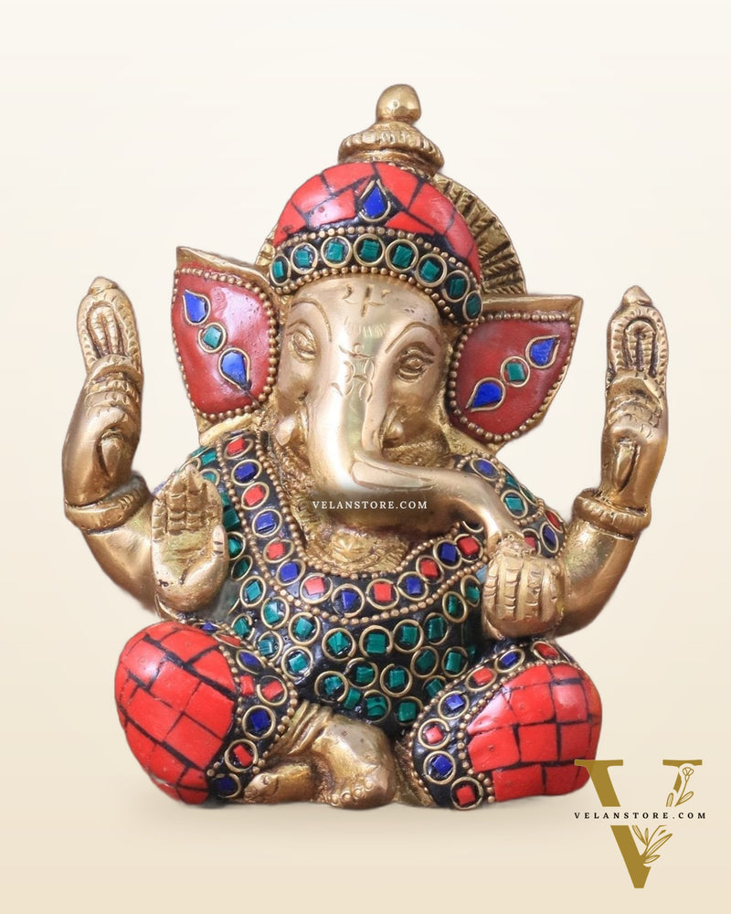 Ganesha brass idol colourful meenakari 6"