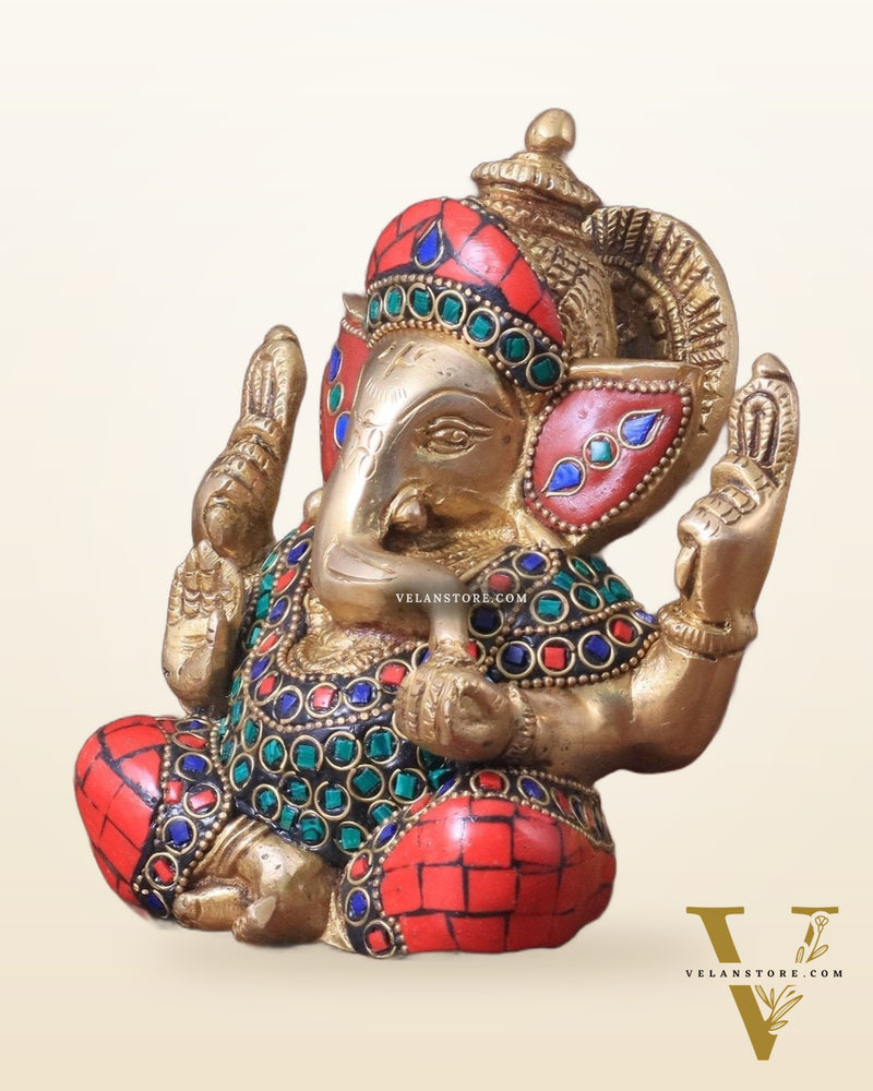 Ganesha brass idol colourful meenakari 6"