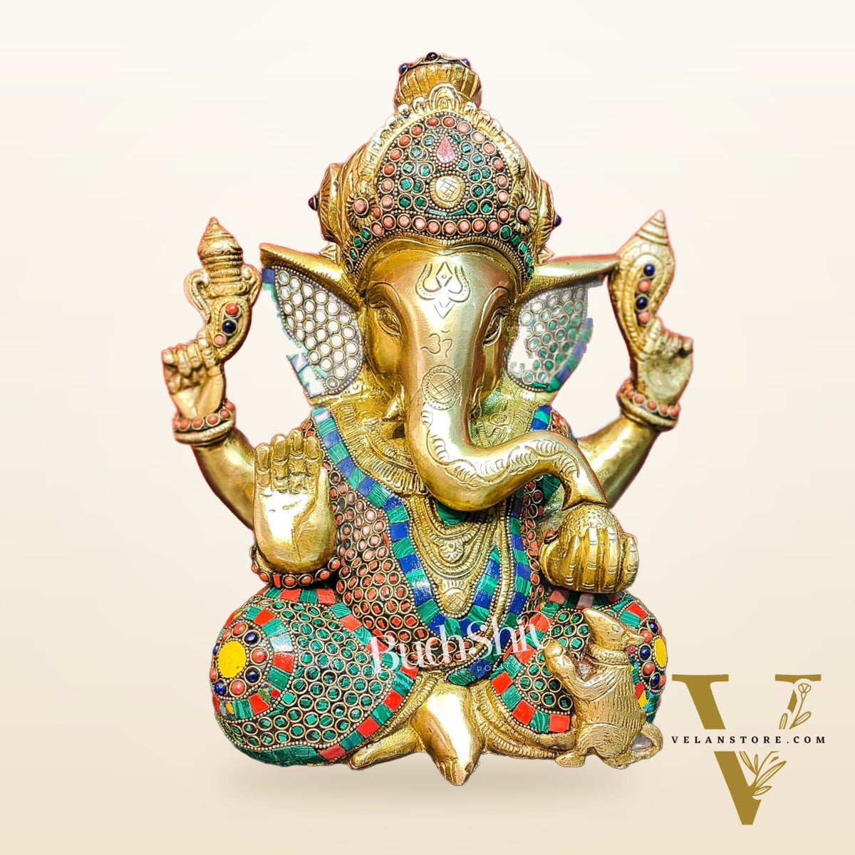 Ganesha Brass Idol Ganapati brass statue with stonework 12 inch