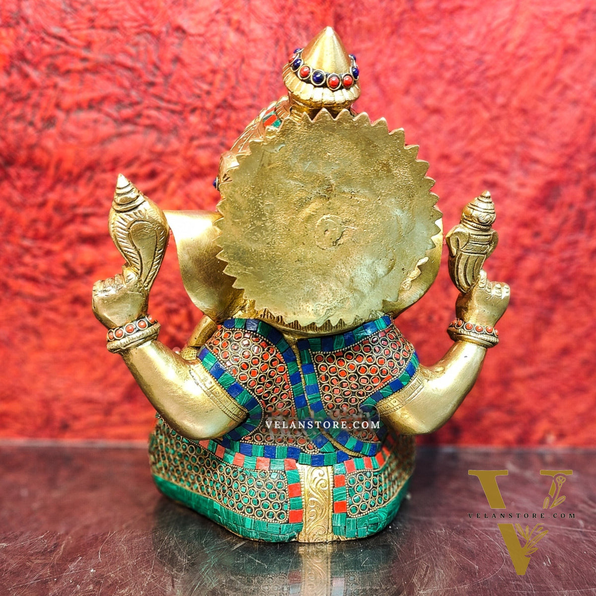 Ganesha Brass Idol Ganapati brass statue with stonework 12 inch