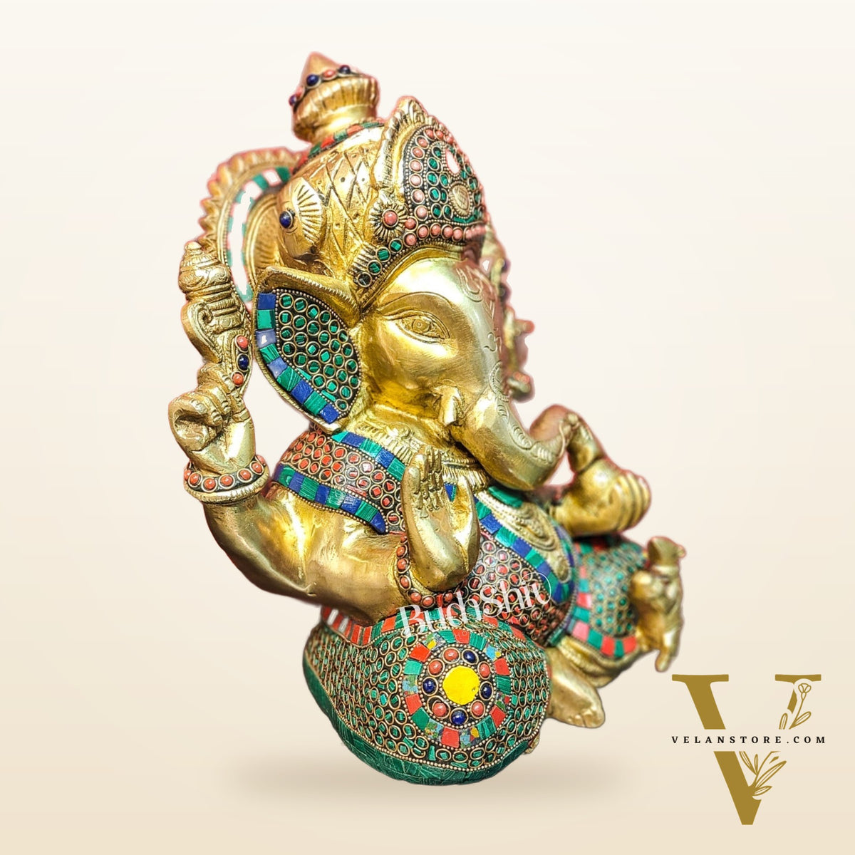 Ganesha Brass Idol Ganapati brass statue with stonework 12 inch