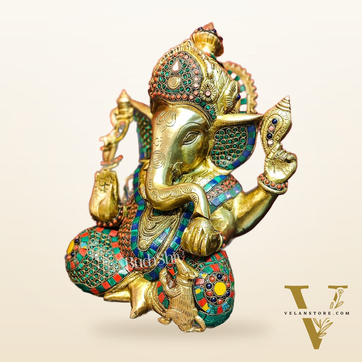 Ganesha Brass Idol Ganapati brass statue with stonework 12 inch