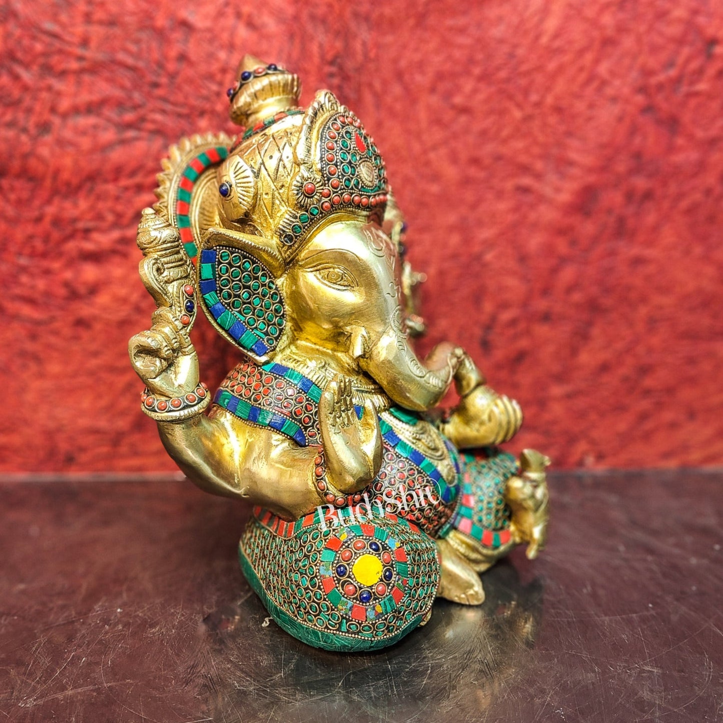 Ganesha Brass Idol Ganapati brass statue with stonework 12 inch