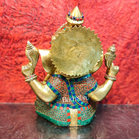Ganesha Brass Idol Ganapati brass statue with stonework 12 inch