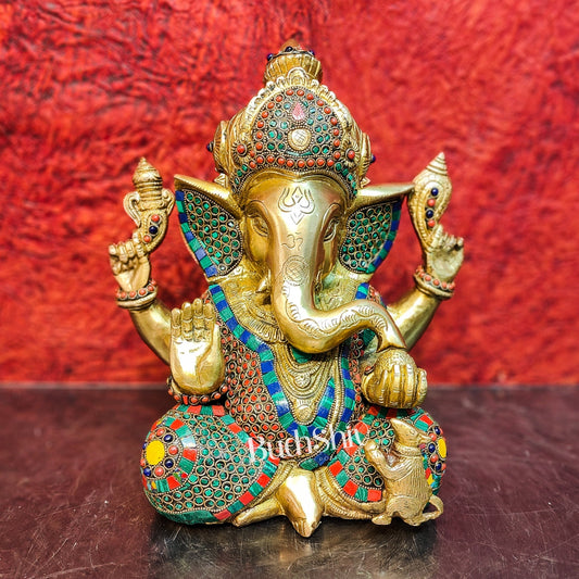 Ganesha Brass Idol Ganapati brass statue with stonework 12 inch