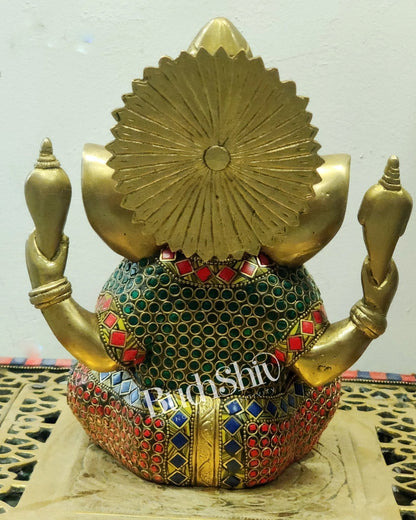 Handcrafted Pure Brass Ganesha Idol with Meenakari Art - 8" Height, Natural Stones
