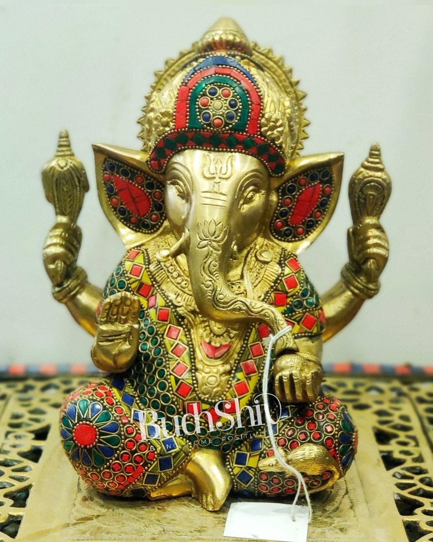 Handcrafted Pure Brass Ganesha Idol with Meenakari Art - 8" Height, Natural Stones