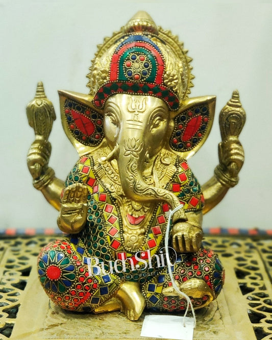 Handcrafted Pure Brass Ganesha Idol with Meenakari Art - 8" Height, Natural Stones