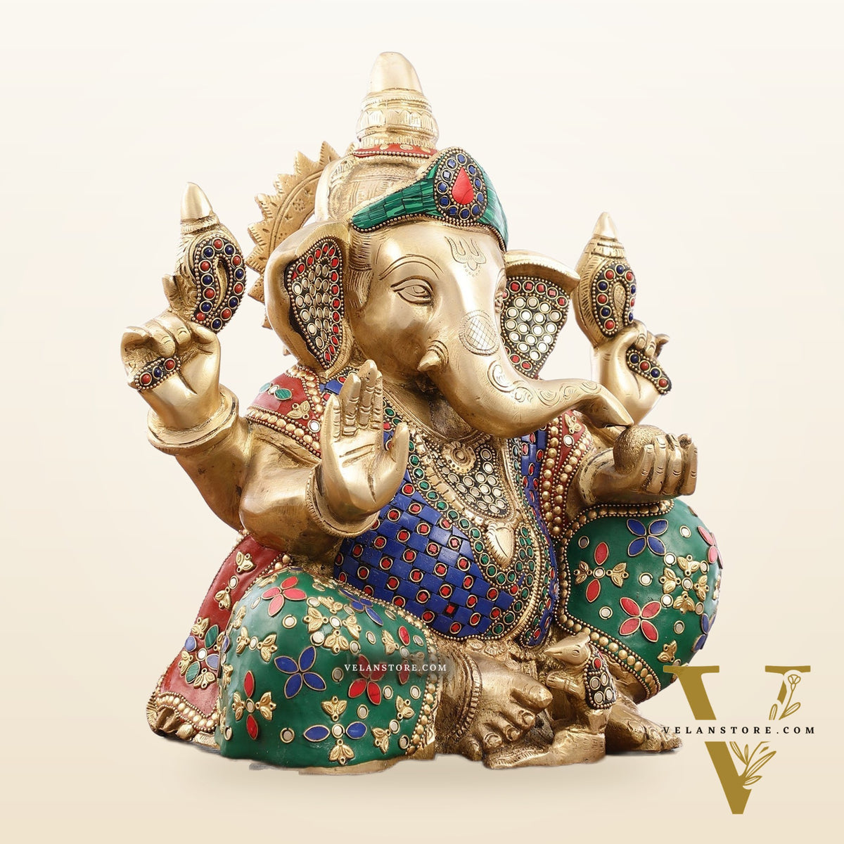 Ganesha Brass Idol with a unique stonework 13 inch