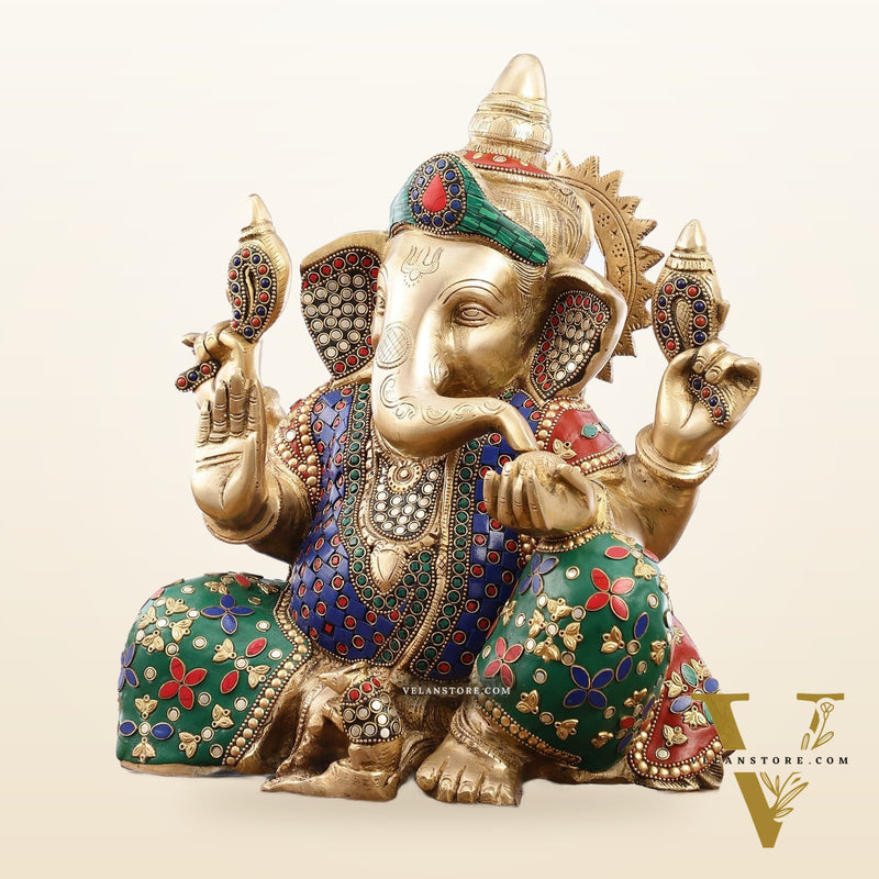 Ganesha Brass Idol with a unique stonework 13 inch