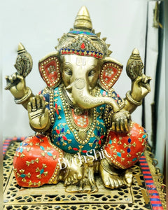 Ganesha Brass Idol with a unique stonework 13 inches