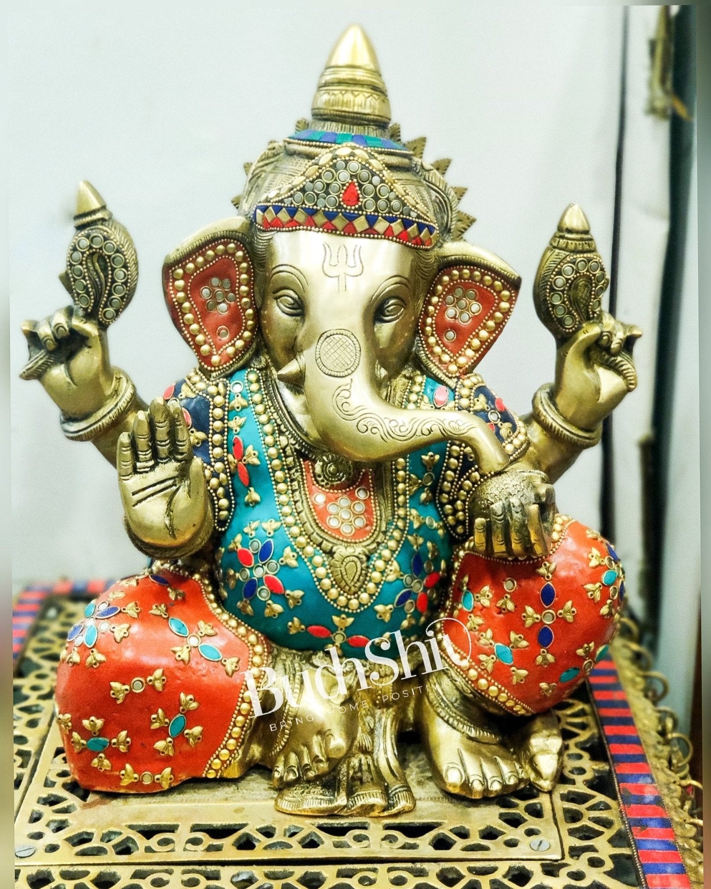 Ganesha Brass Idol with a unique stonework 13 inches