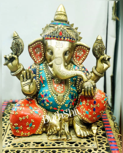 Ganesha Brass Idol with a unique stonework 13 inches
