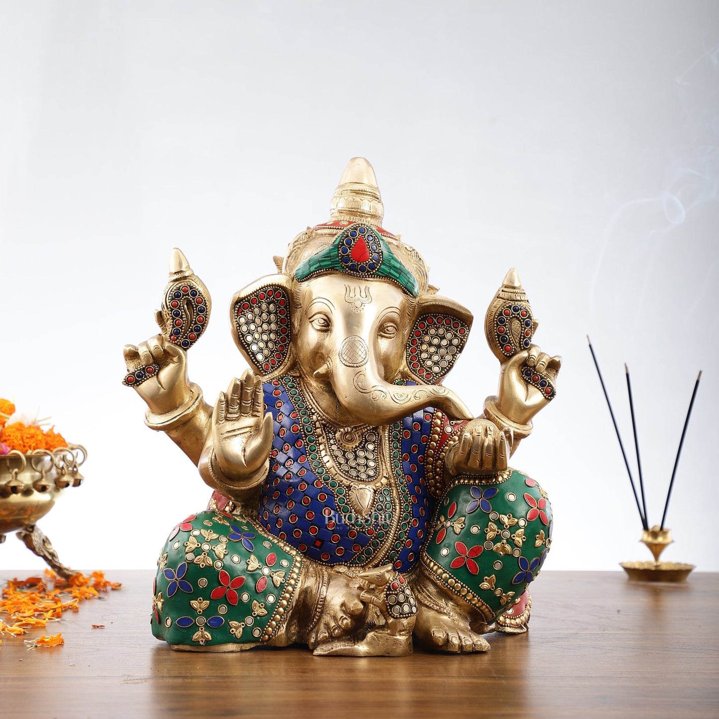 Ganesha Brass Idol with a unique stonework 13 inch