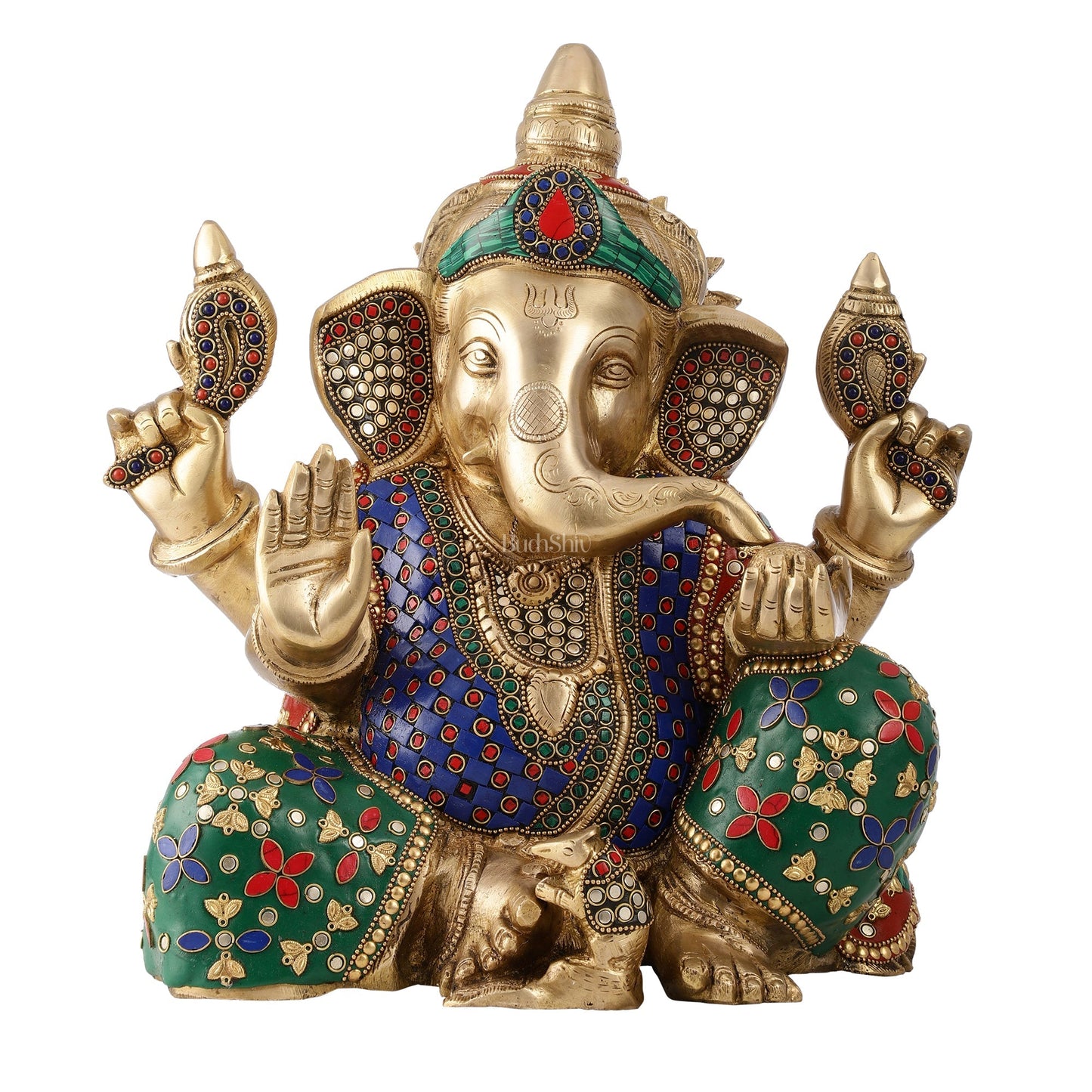 Ganesha Brass Idol with a unique stonework 13 inch