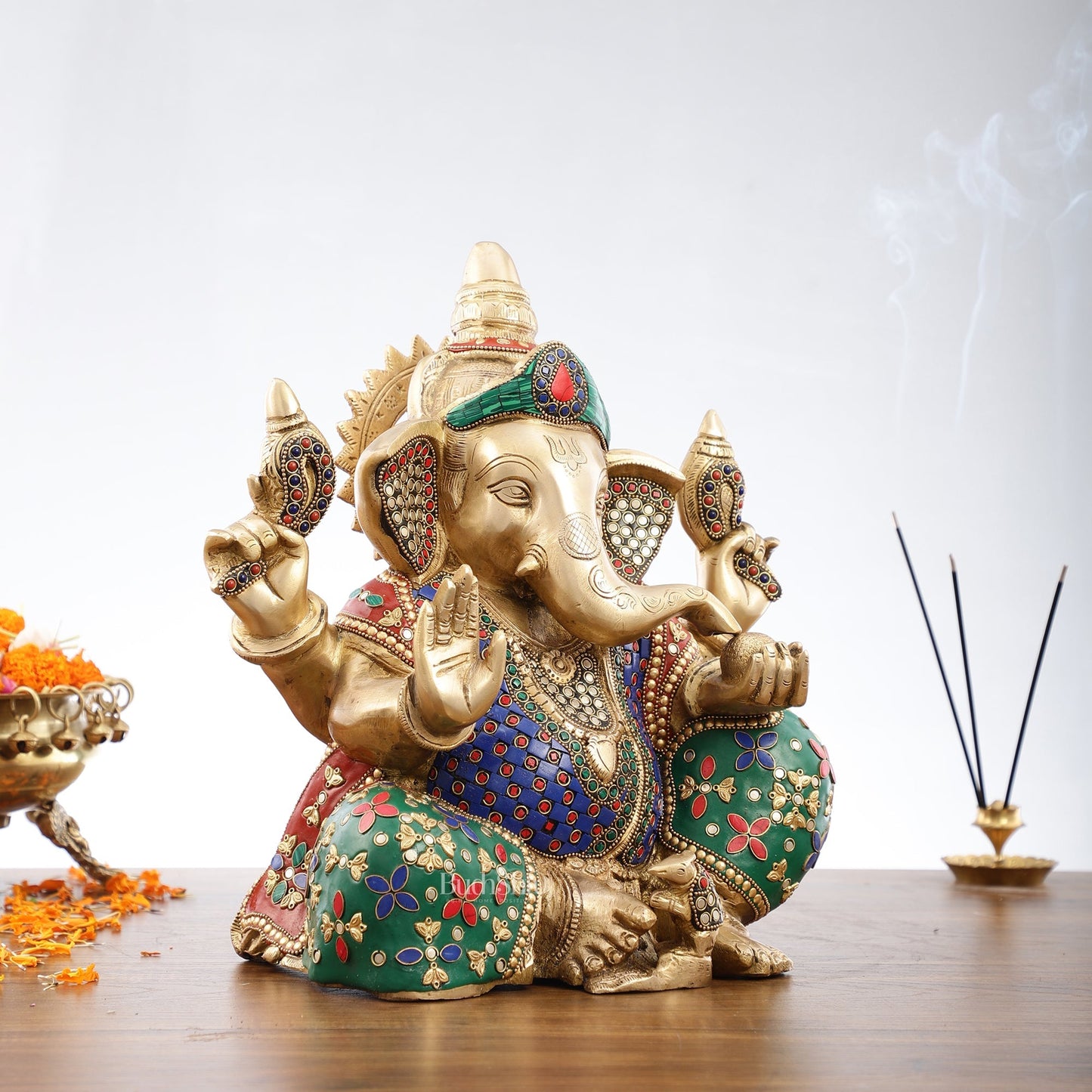 Ganesha Brass Idol with a unique stonework 13 inch