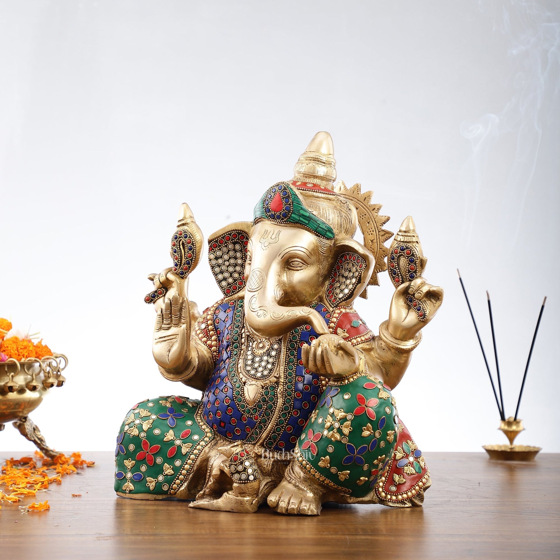 Ganesha Brass Idol with a unique stonework 13 inch