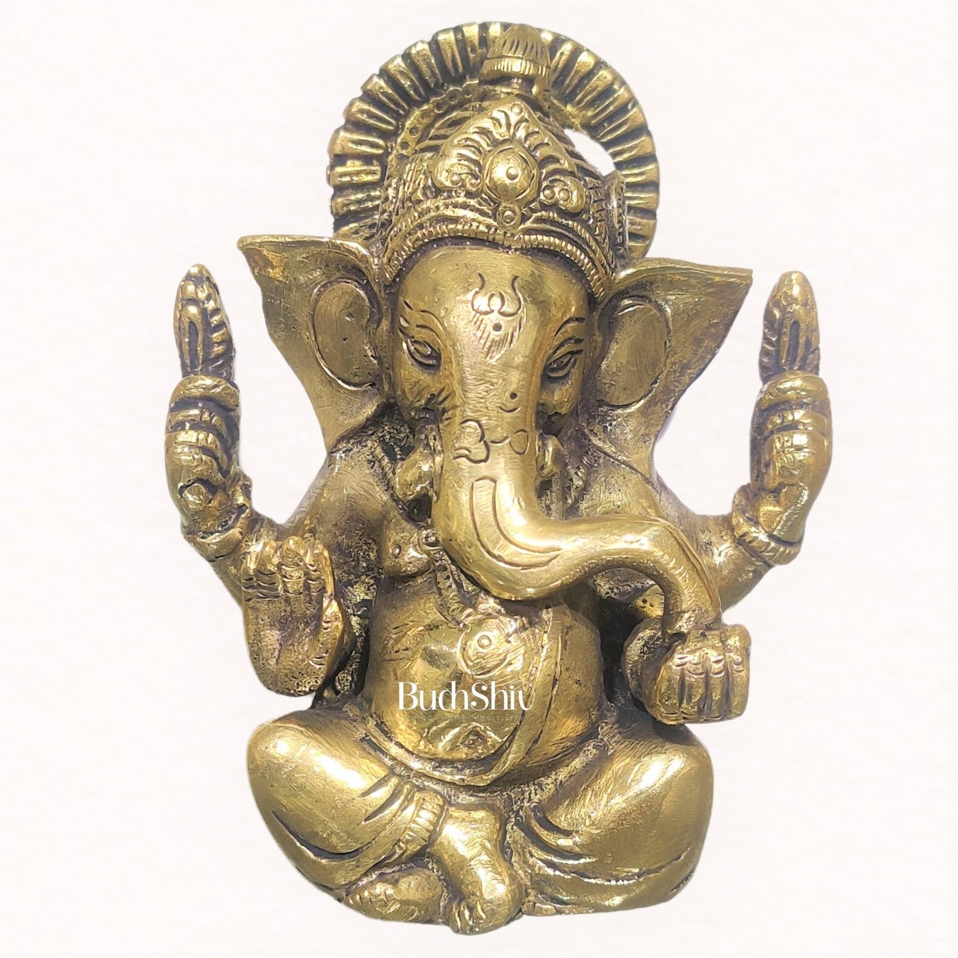 Ganesha brass idol with Gold charcoal finish | small size for office desk/study table/ temple/gifting