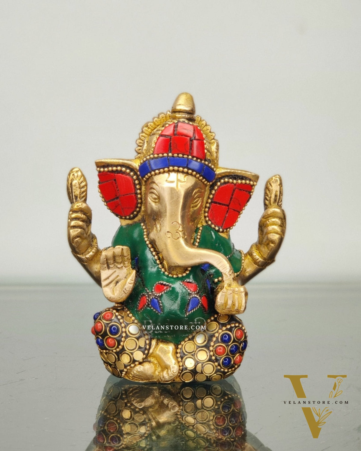 Ganesha brass idol with meenakari stonework | small size for office desk/study table/ temple