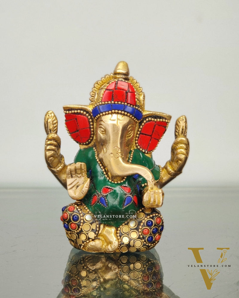 Ganesha brass idol with meenakari stonework | small size for office desk/study table/ temple