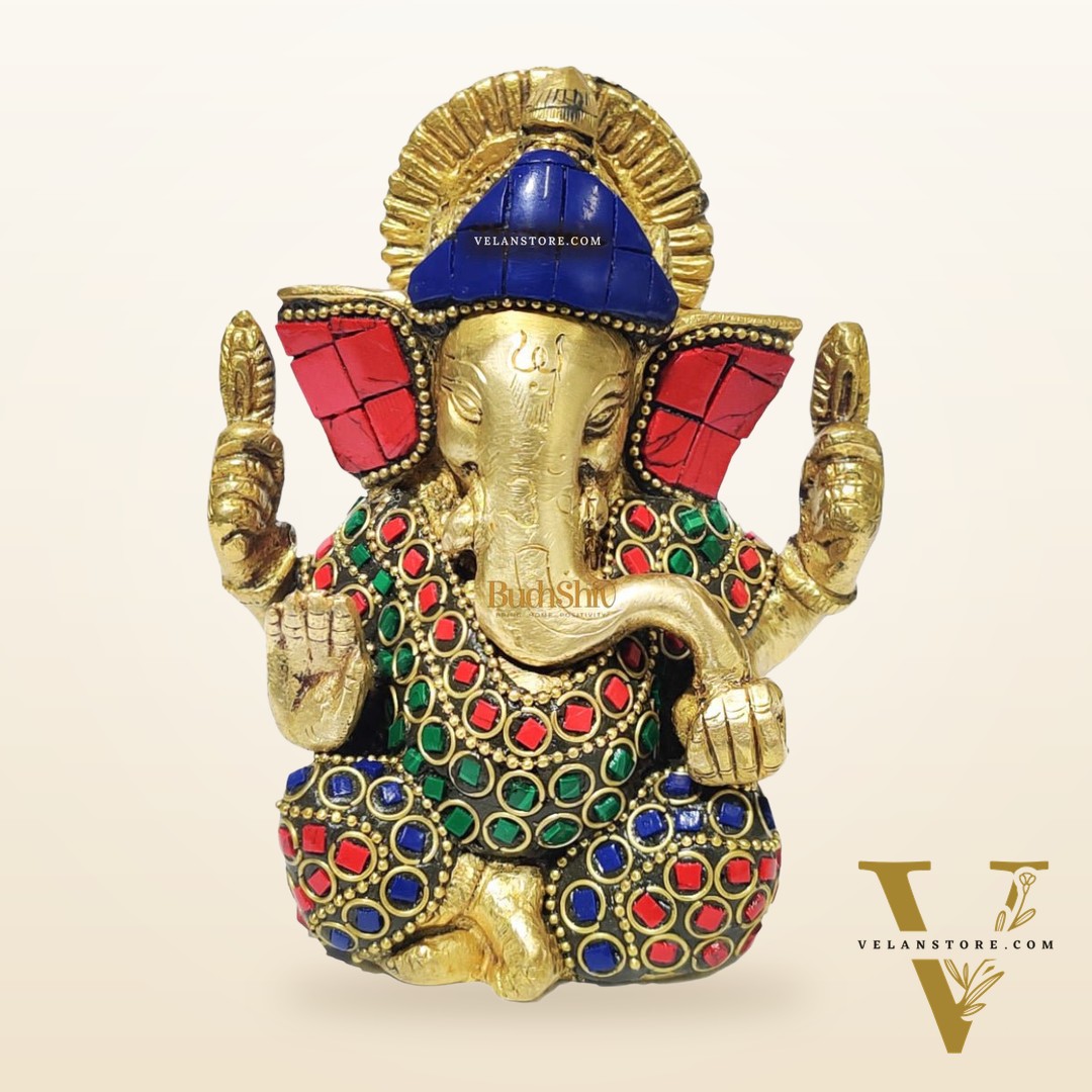 Ganesha brass idol with meenakari stonework | small size for office desk/study table/ temple