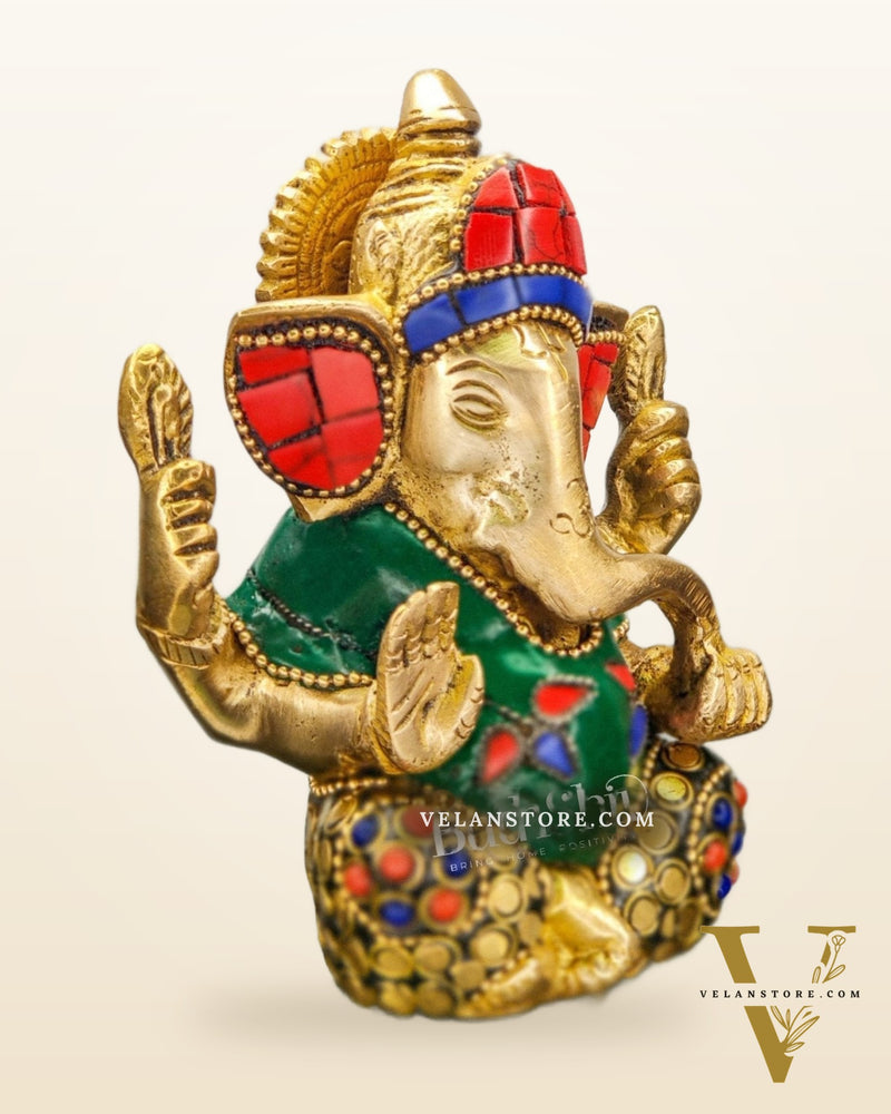 Ganesha brass idol with meenakari stonework | small size for office desk/study table/ temple