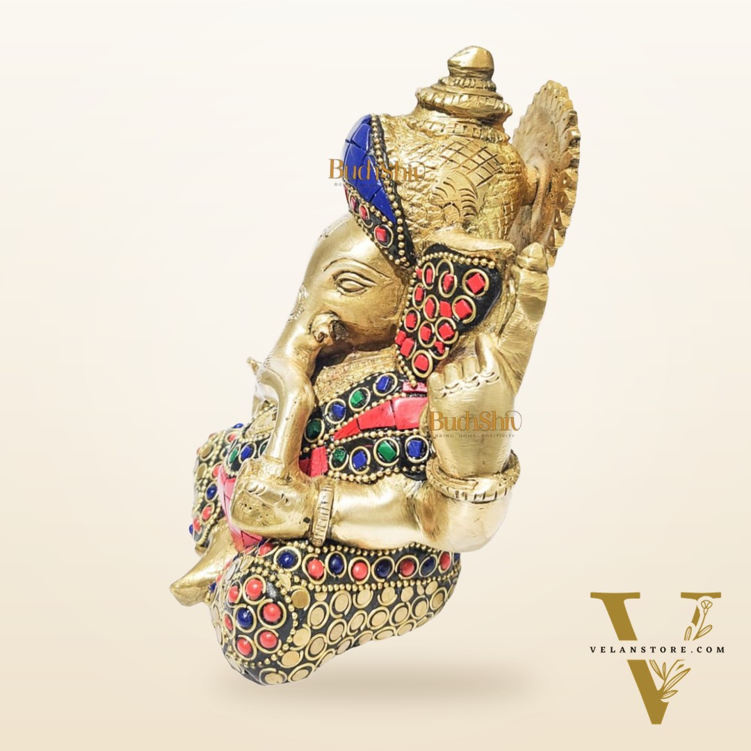 Ganesha brass idol with meenakari stonework | small size for office desk/study table/ temple