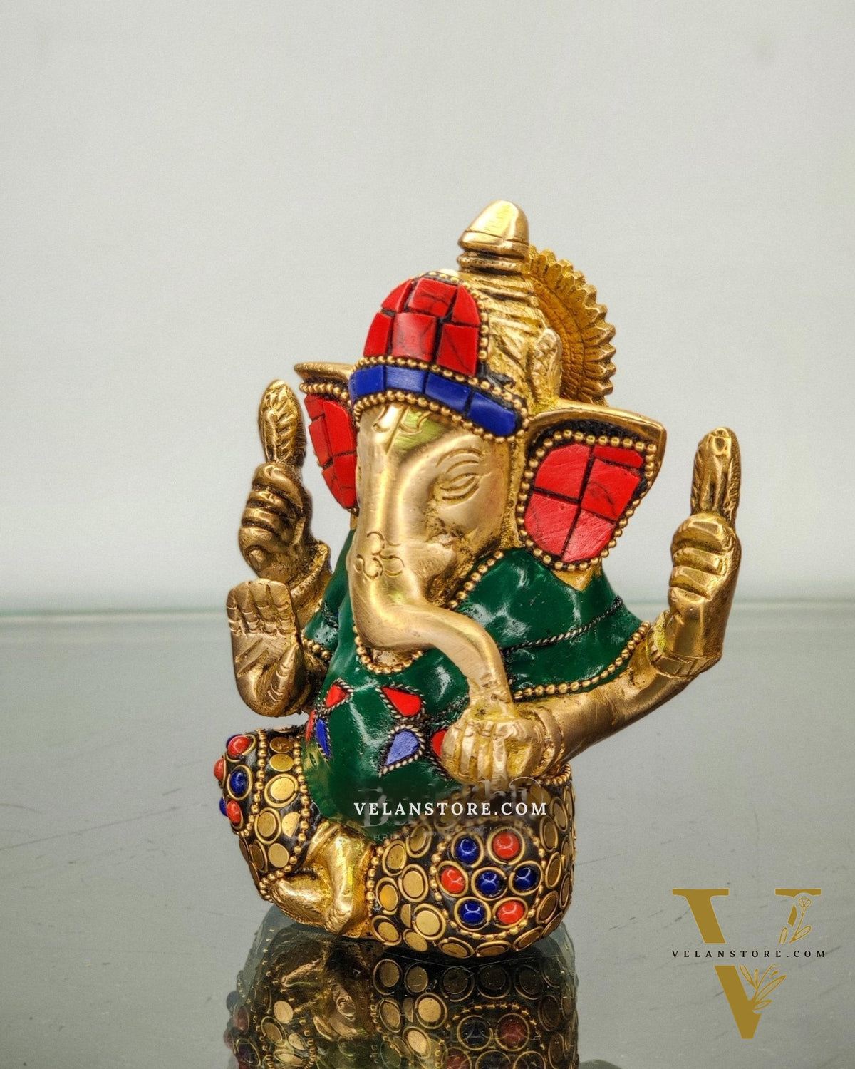 Ganesha brass idol with meenakari stonework | small size for office desk/study table/ temple