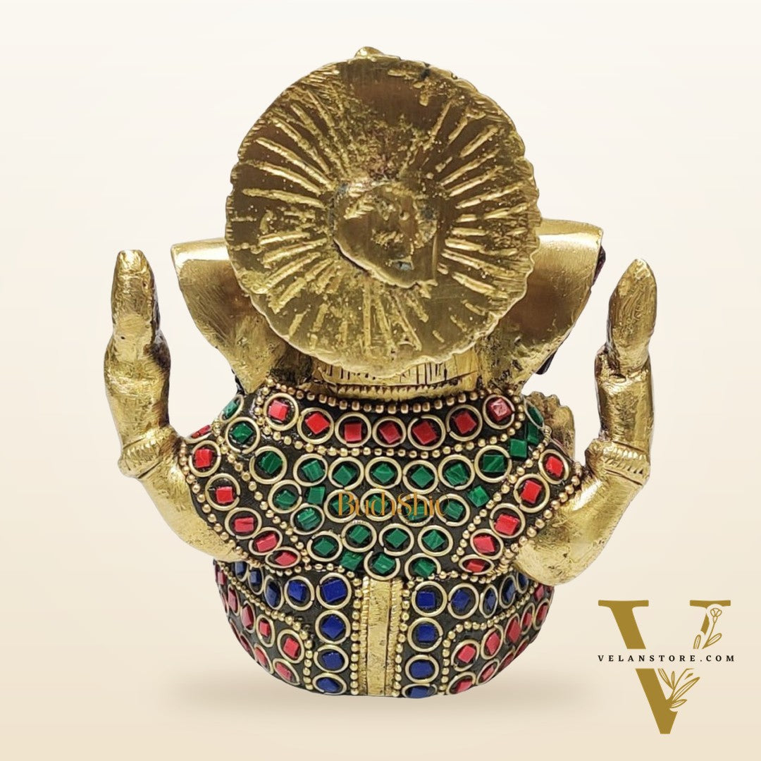 Ganesha brass idol with meenakari stonework | small size for office desk/study table/ temple