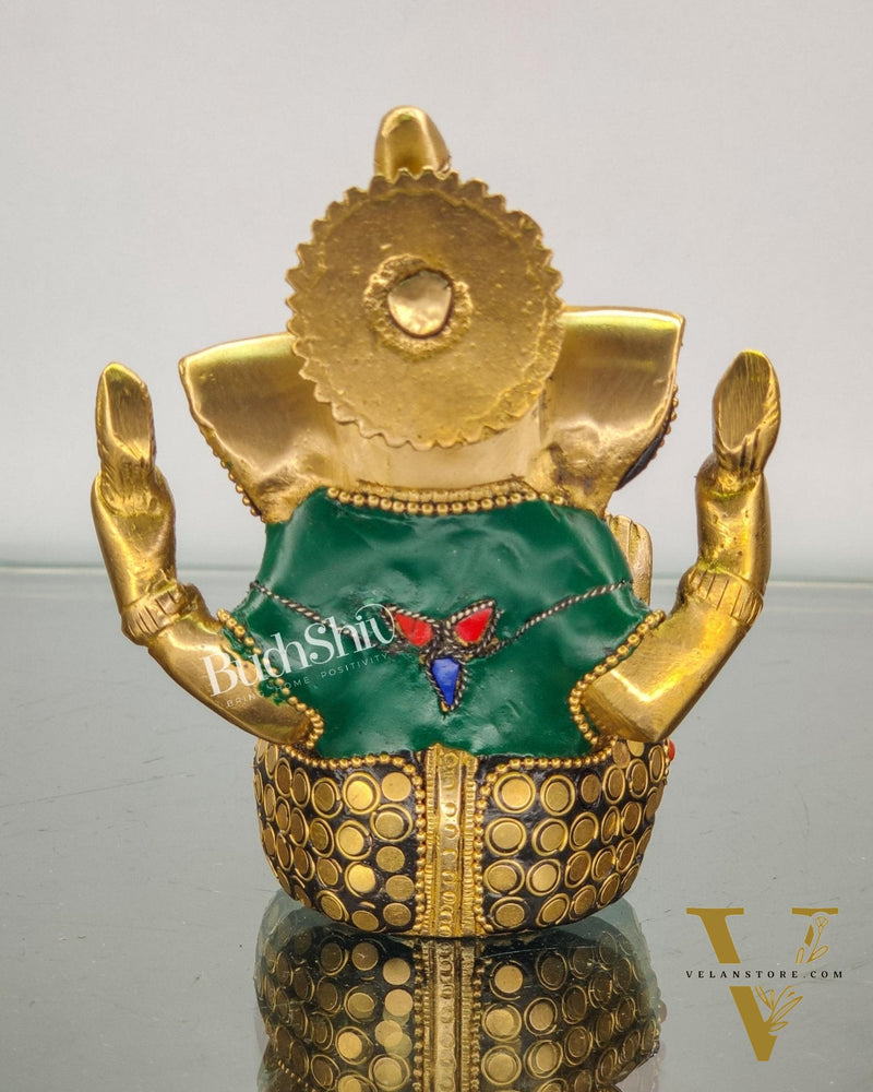 Ganesha brass idol with meenakari stonework | small size for office desk/study table/ temple