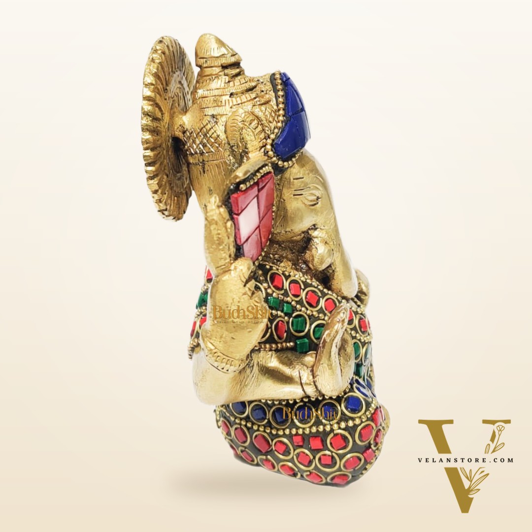Ganesha brass idol with meenakari stonework | small size for office desk/study table/ temple