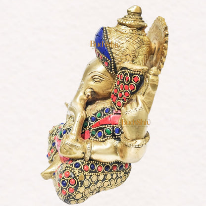 Ganesha brass idol with meenakari stonework | small size for office desk/study table/ temple