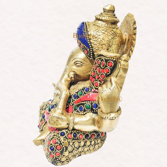 Ganesha brass idol with meenakari stonework | small size for office desk/study table/ temple