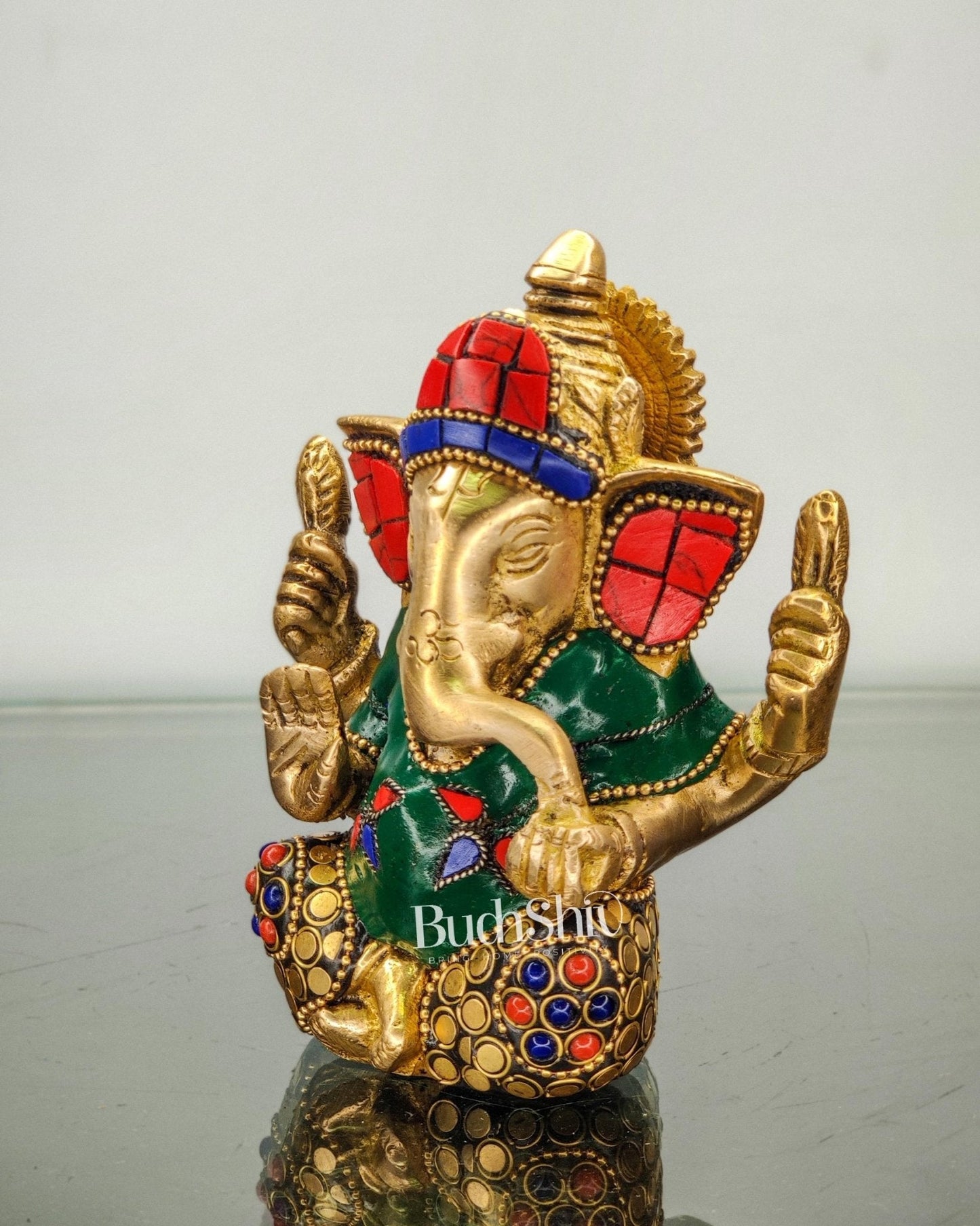 Ganesha brass idol with meenakari stonework | small size for office desk/study table/ temple