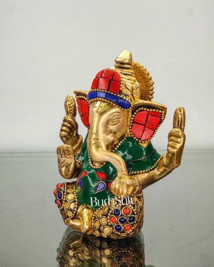Ganesha brass idol with meenakari stonework | small size for office desk/study table/ temple