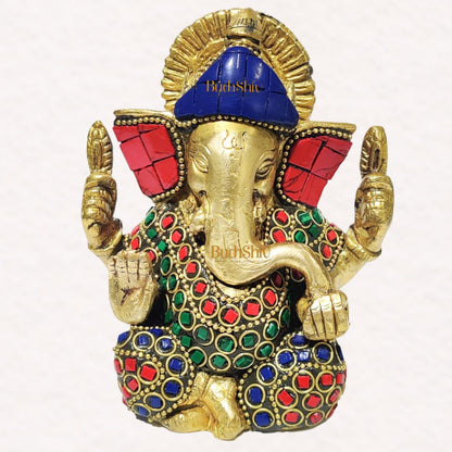 Ganesha brass idol with meenakari stonework | small size for office desk/study table/ temple