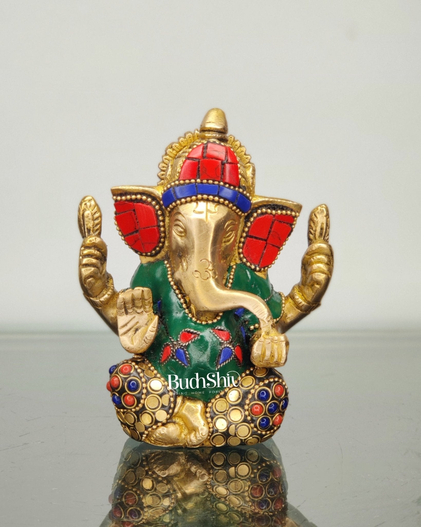 Ganesha brass idol with meenakari stonework | small size for office desk/study table/ temple
