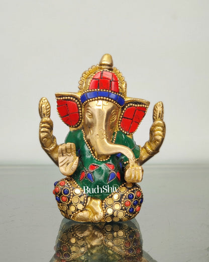 Ganesha brass idol with meenakari stonework | small size for office desk/study table/ temple
