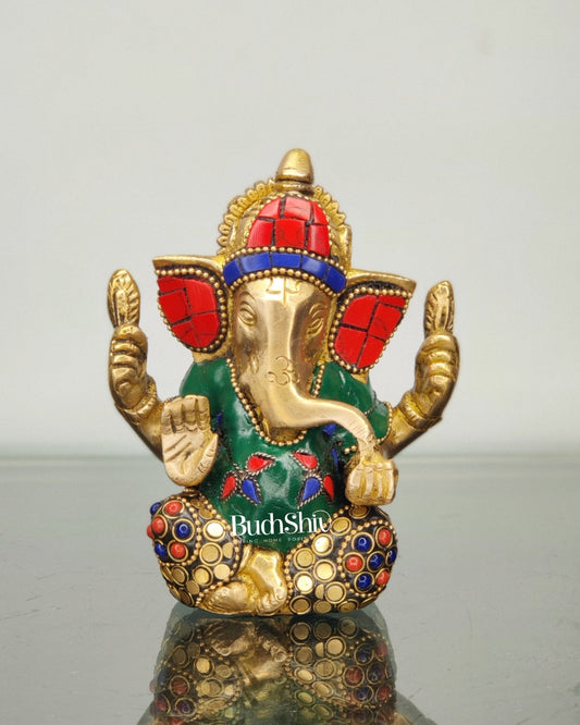 Ganesha brass idol with meenakari stonework | small size for office desk/study table/ temple