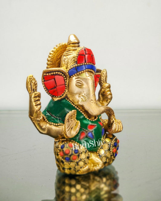 Ganesha brass idol with meenakari stonework | small size for office desk/study table/ temple