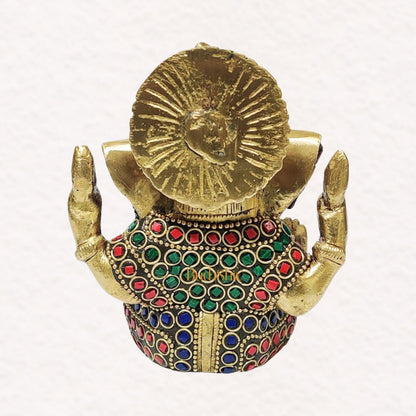 Ganesha brass idol with meenakari stonework | small size for office desk/study table/ temple