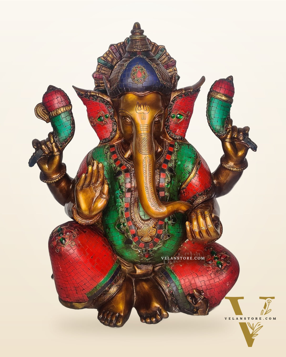 Ganesha Brass Idol with Rustic Stonework and Antique finish 20 inch