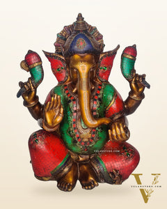 Ganesha Brass Idol with Rustic Stonework and Antique finish 20 inch