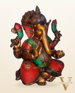 Ganesha Brass Idol with Rustic Stonework and Antique finish 20 inch