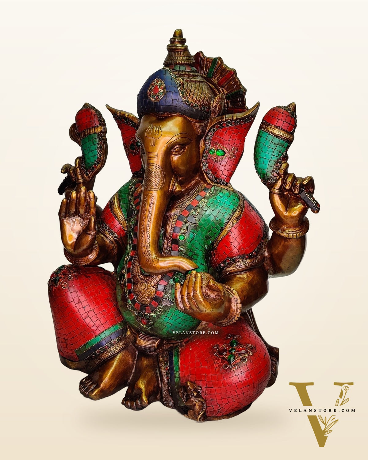 Ganesha Brass Idol with Rustic Stonework and Antique finish 20 inch